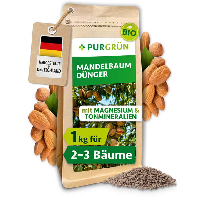 Purgrün Bio-Mandelbaum-Dünger im 1-kg-Beutel mit Mandeln und feinem Granulat; laut Etikett für ca. 2–3 Mandelbäume.