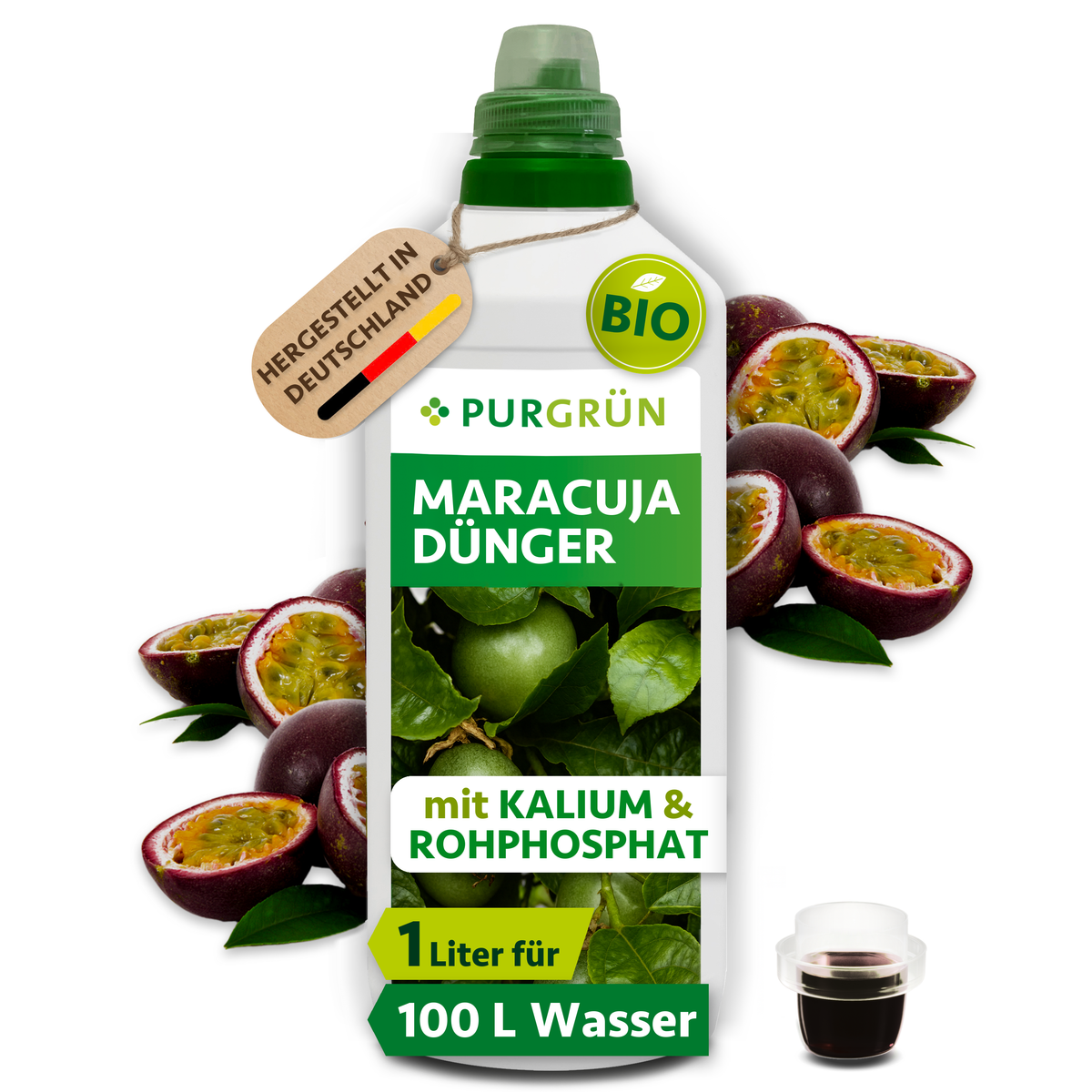 Bio-Maracuja-Dünger, 1 Liter, mit Dosierkappe; Konzentrat für ca. 100 Liter Gießwasser.