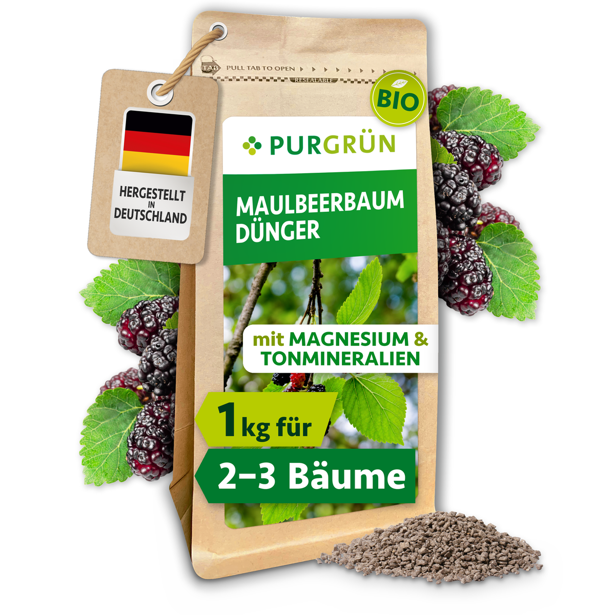 Purgrün Bio-Maulbeerbaum-Dünger im 1-kg-Standbeutel, mit Magnesium und Tonmineralien; ausreichend für ca. 2–3 Maulbeerbäume.