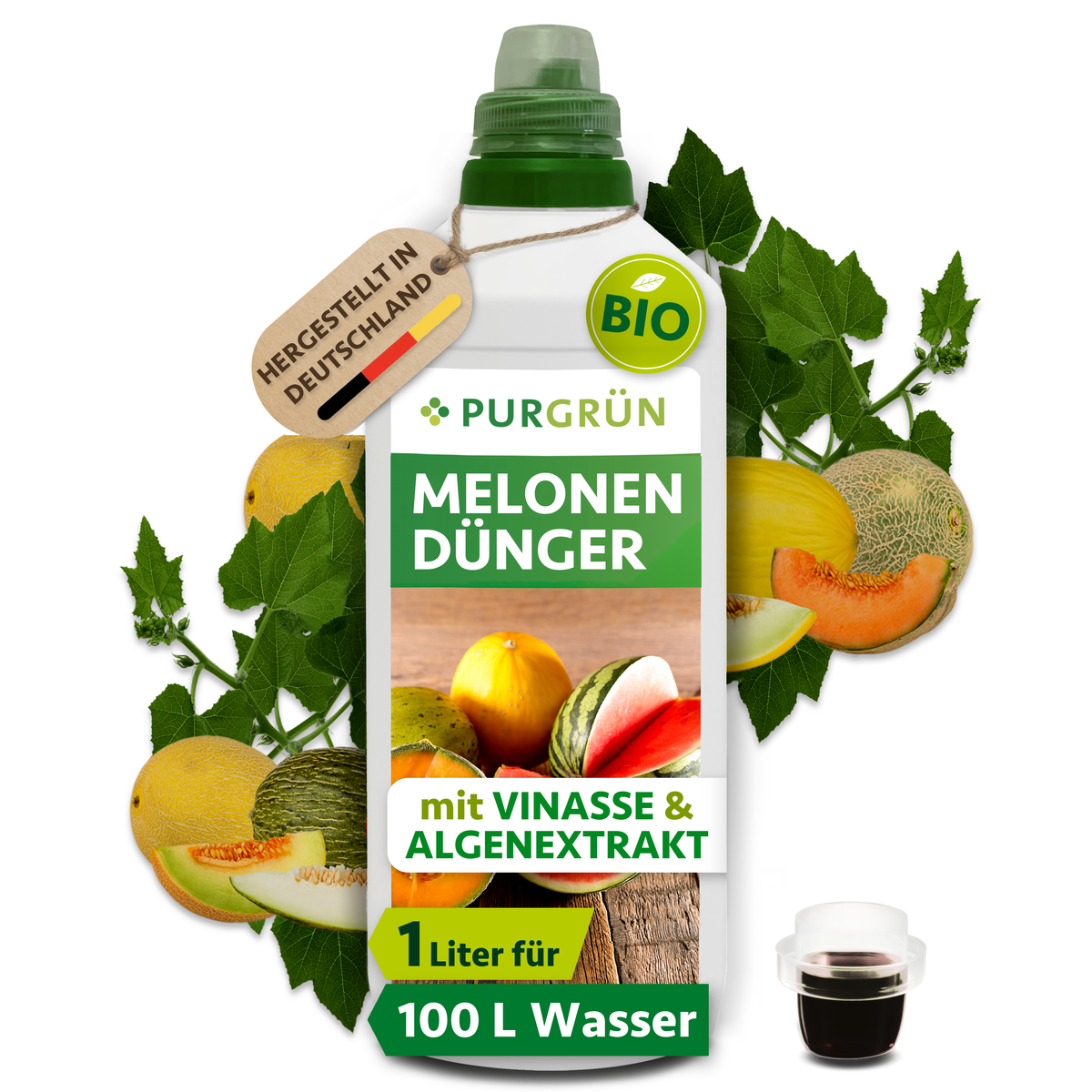 Purgrün Bio-Melonen-Dünger in der 1-Liter-Flasche mit Dosierkappe, ausreichend für ca. 100 Liter Gießwasser.