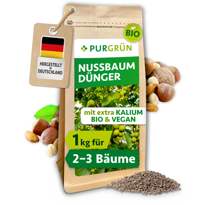Purgrün Bio-Nussbaum-Dünger, 1 kg, im wiederverschließbaren Standbeutel neben Nüssen und feinem Granulat.