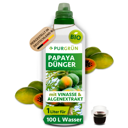 Bio-Papaya-Dünger im 1-Liter-Gebinde mit Dosierkappe, hergestellt in Deutschland und ausreichend für ca. 100 Liter Gießwasser.