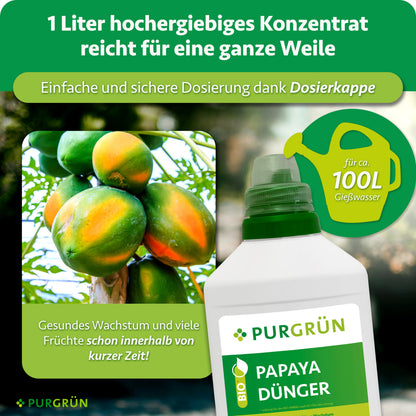 1 Liter hochergiebiges Papaya-Dünger-Konzentrat mit Dosierkappe reicht für ca. 100 Liter Gießwasser.