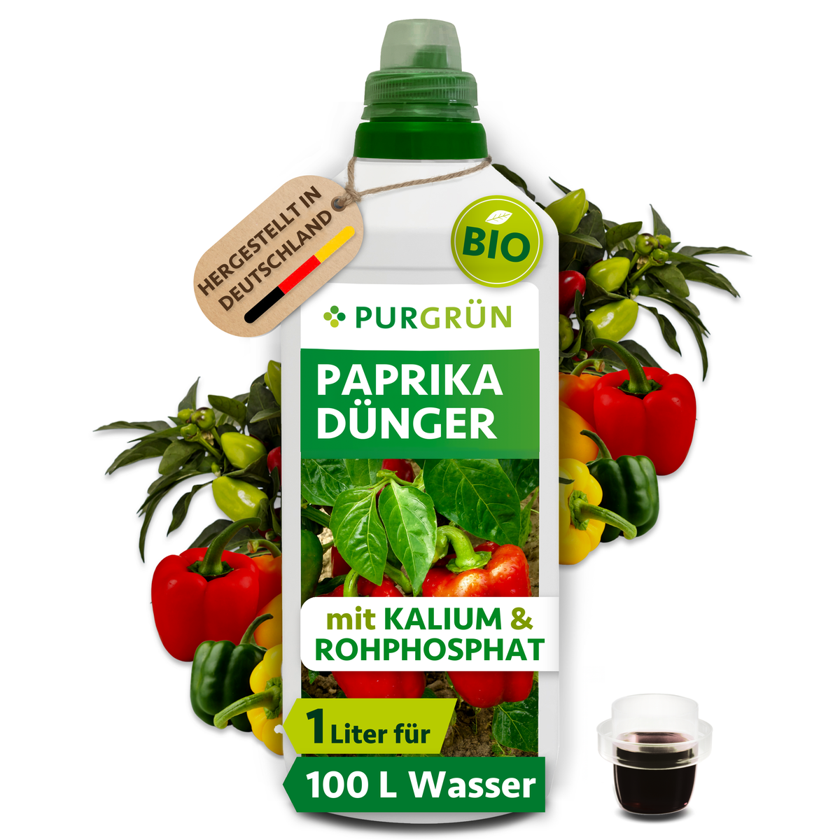Purgrün Bio-Paprika-Dünger, 1 Liter, mit Dosierkappe; laut Etikett für ca. 100 Liter Gießwasser.