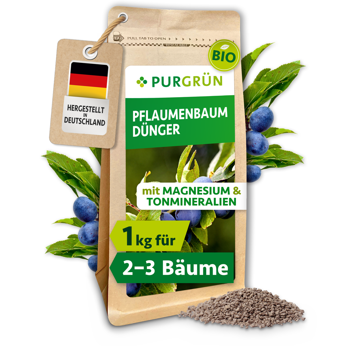 Purgrün Bio-Pflaumenbaum-Dünger im 1-kg-Beutel mit Pflaumenmotiv und sichtbarem Granulat; laut Etikett für ca. 2–3 Pflaumenbäume.