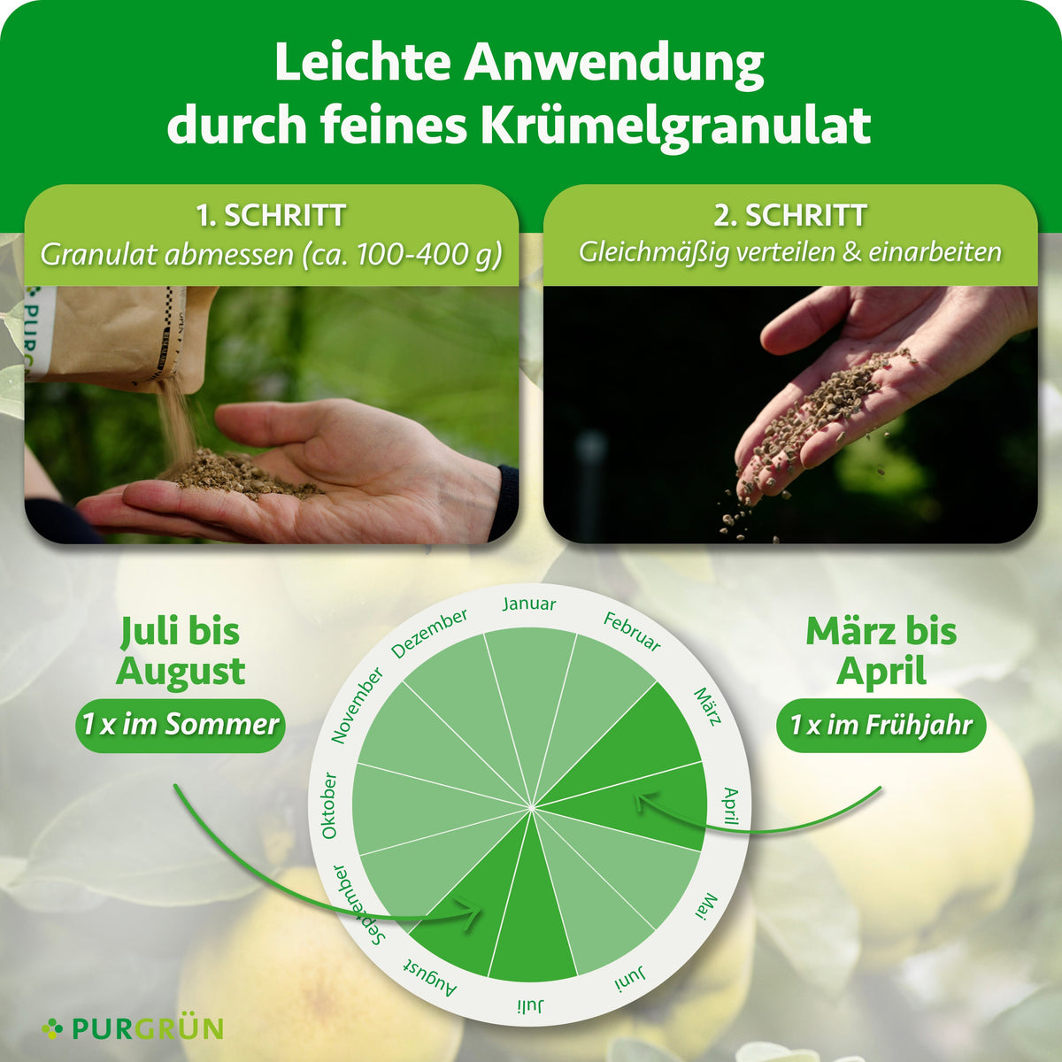 Anwendung: ca. 100–400 g Granulat abmessen, gleichmäßig verteilen und einarbeiten. Je einmal von März bis April und von Juli bis August düngen.