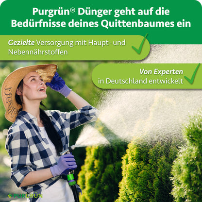 Purgrün Bio-Quittenbaum-Dünger: gezielte Versorgung mit Haupt- und Nebennährstoffen, von Experten in Deutschland entwickelt.