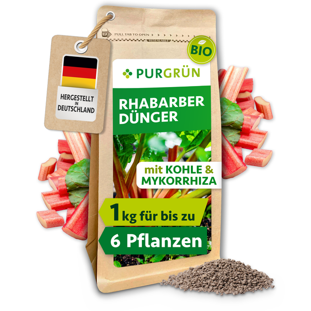 Purgrün Bio-Rhabarber-Dünger im 1-kg-Beutel mit Kohle und Mykorrhiza, ausreichend für bis zu 6 Pflanzen.
