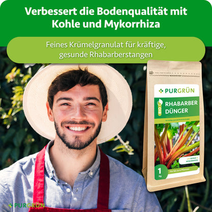 Feines Krümelgranulat verbessert mit Kohle und Mykorrhiza die Bodenqualität für kräftige, gesunde Rhabarberstangen.