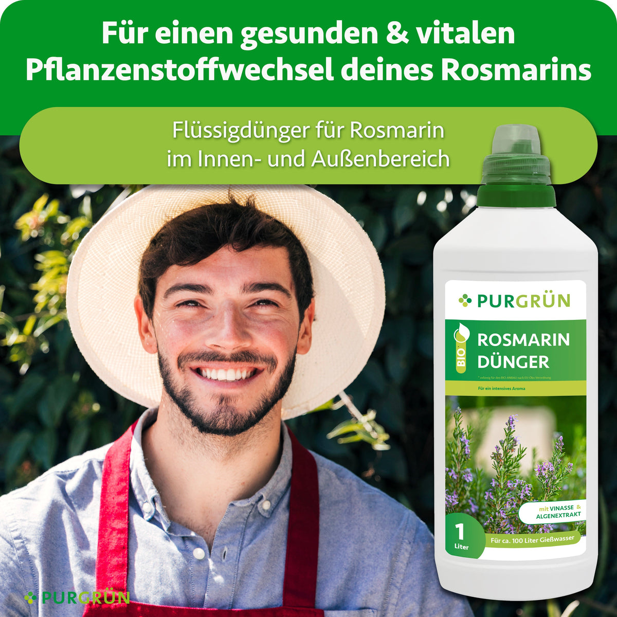 Flüssigdünger für Rosmarin im Innen- und Außenbereich, dargestellt neben einem Gärtner; unterstützt einen gesunden und vitalen Pflanzenstoffwechsel.