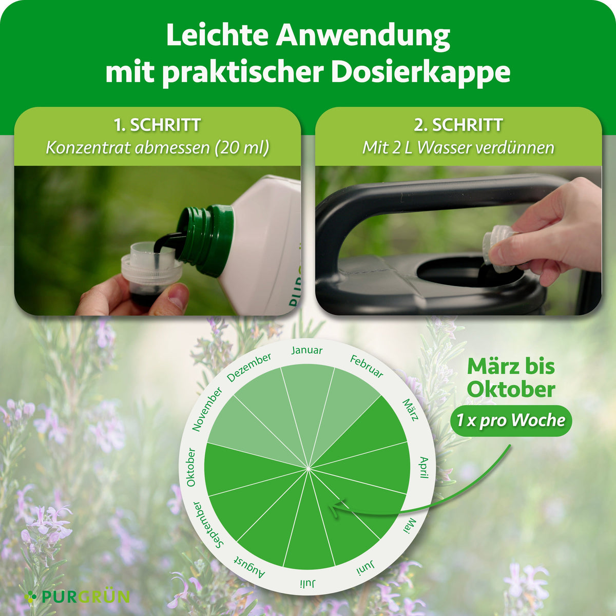 Anwendung: 20 ml Konzentrat abmessen und mit 2 l Wasser verdünnen; von März bis Oktober 1× pro Woche düngen.