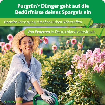 Purgrün Bio-Spargeldünger: gezielte Versorgung mit pflanzlichen Nährstoffen, von Experten in Deutschland entwickelt.