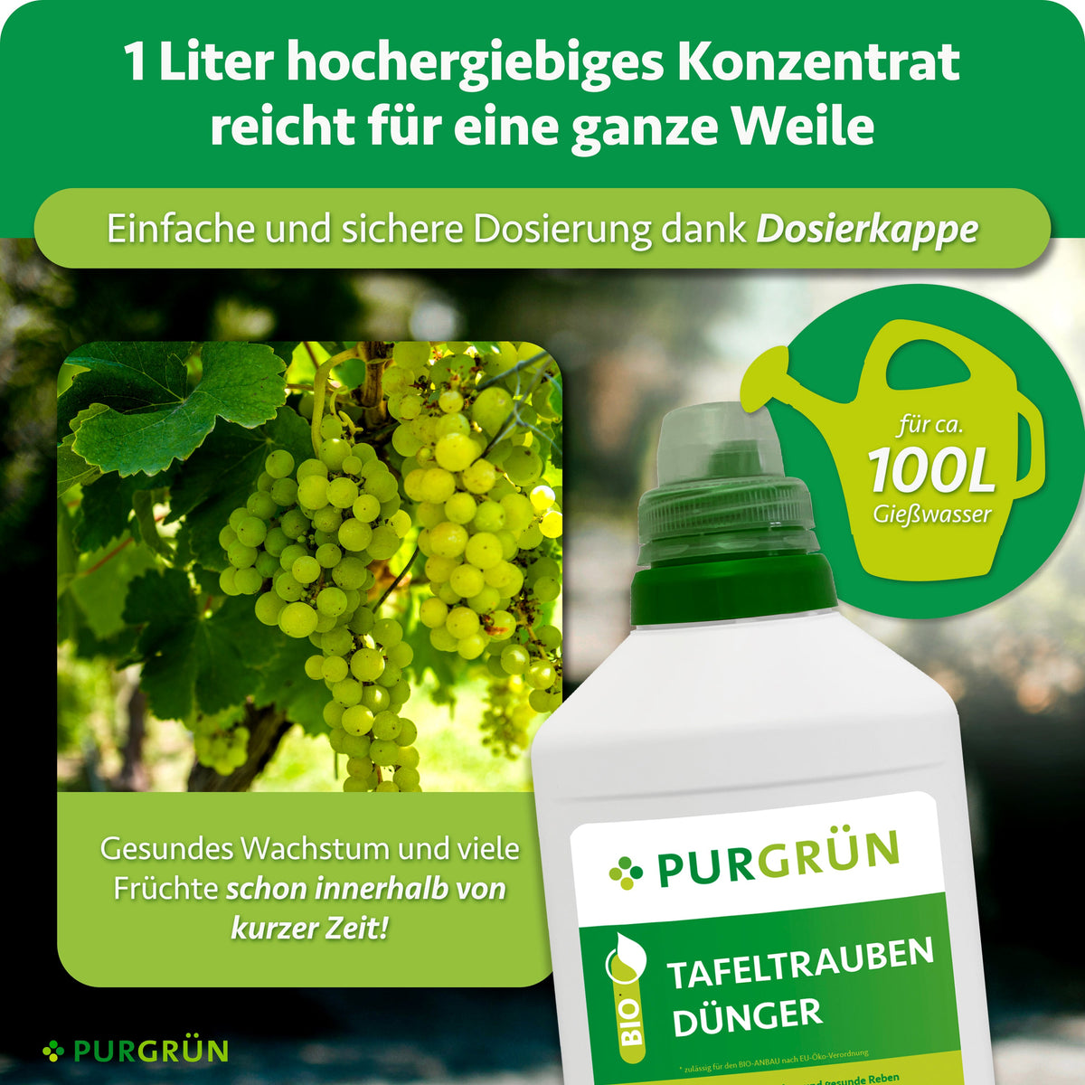 Ein Liter Konzentrat reicht für ca. 100 Liter Gießwasser und lässt sich mit der Dosierkappe einfach und sicher abmessen.