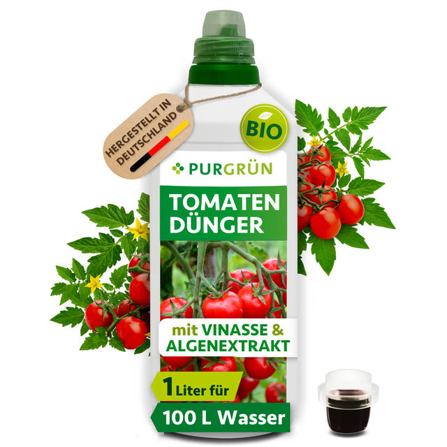 Purgrün Bio-Tomatendünger in der 1-Liter-Flasche mit Dosierkappe, ausreichend für ca. 100 Liter Gießwasser.