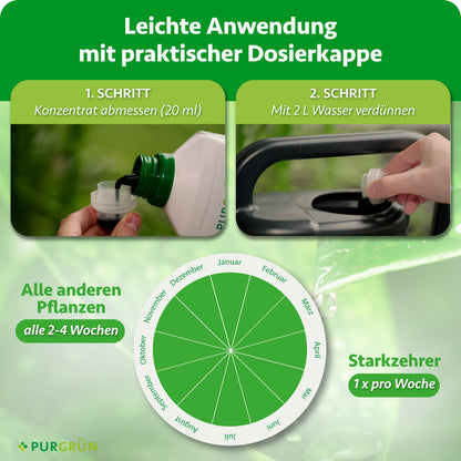 Anwendung: 20 ml Konzentrat abmessen und mit 2 Litern Wasser verdünnen. Starkzehrer einmal pro Woche, alle anderen Pflanzen alle 2–4 Wochen düngen.