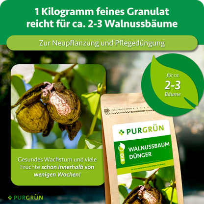 1 Kilogramm feines Granulat reicht für ca. 2–3 Walnussbäume und eignet sich zur Neupflanzung sowie Pflegedüngung.