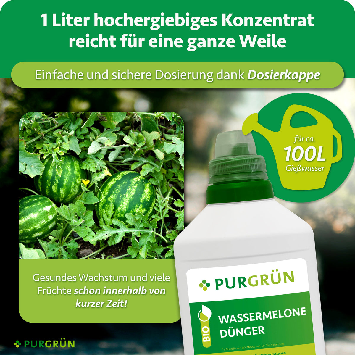 1 Liter Konzentrat mit Dosierkappe reicht für ca. 100 Liter Gießwasser und wird mit gesundem Wachstum und vielen Früchten in kurzer Zeit beworben.