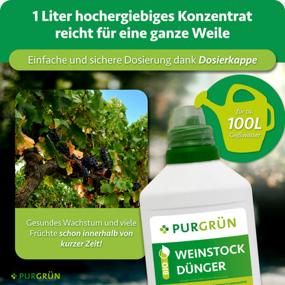 1 Liter hochergiebiges Konzentrat mit Dosierkappe reicht für ca. 100 l Gießwasser und verspricht gesundes Wachstum sowie viele Früchte innerhalb kurzer Zeit.