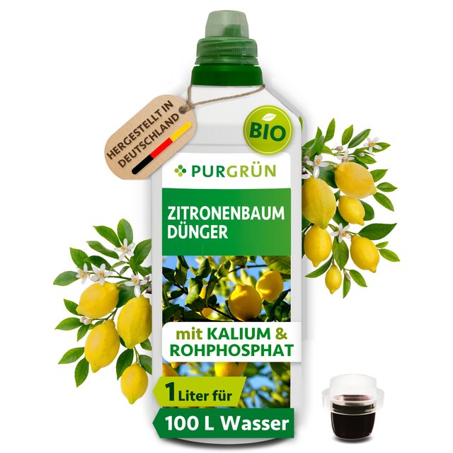 Bio-Zitronenbaum-Dünger im 1-Liter-Gebinde mit Dosierkappe, umgeben von Zitronen und Blüten.