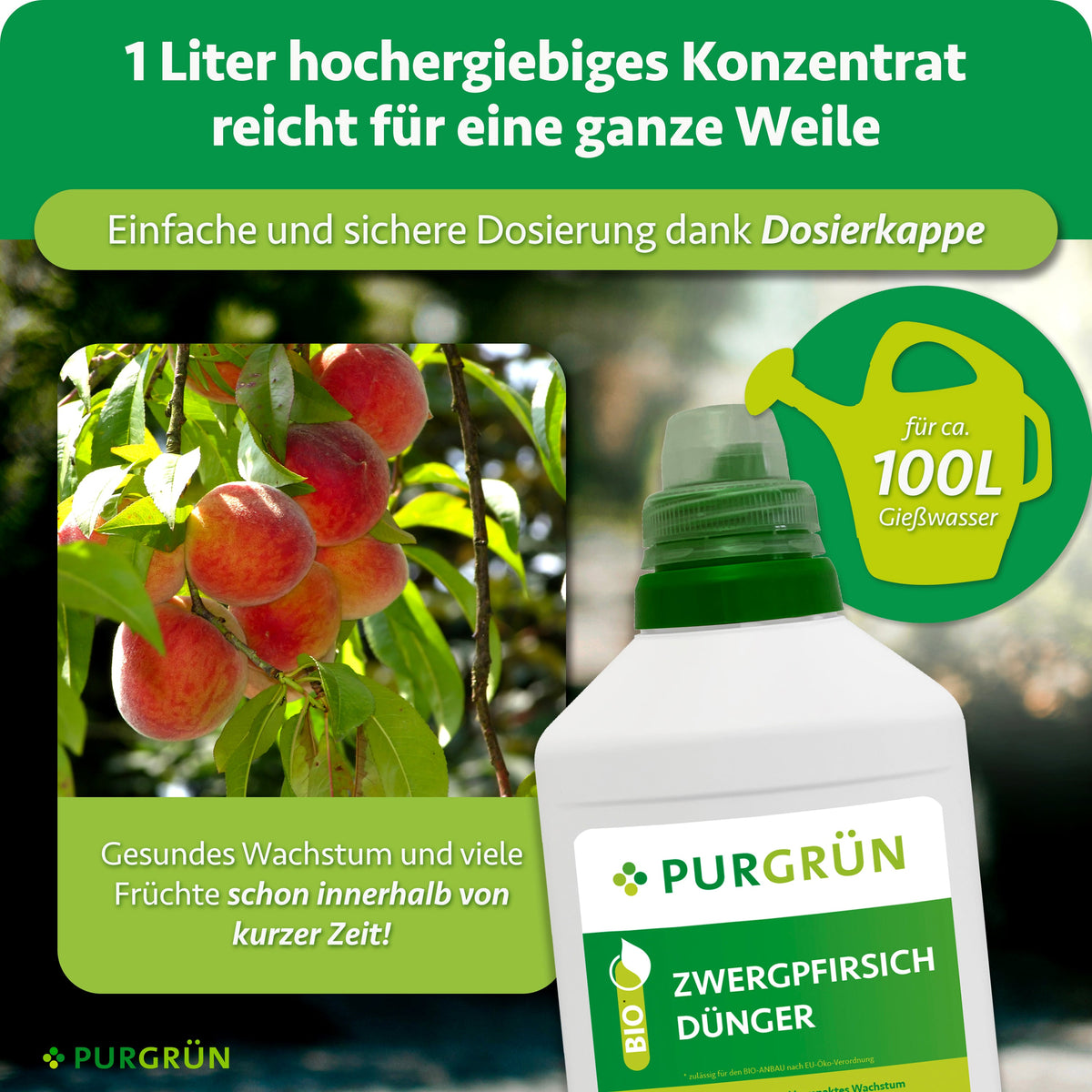 1 Liter Konzentrat reicht für ca. 100 Liter Gießwasser und lässt sich mit der Dosierkappe einfach und sicher abmessen.