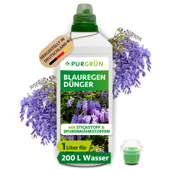 Purgrün Blauregen-Dünger in der 1-Liter-Flasche mit Dosierkappe, ausreichend für ca. 200 Liter Gießwasser.