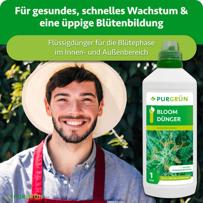 Ein lächelnder Mann mit Strohhut und roter Schürze neben einer Flasche Purgrün Bloom-Dünger 1 Liter. Text: Für gesundes, schnelles Wachstum und eine üppige Blütenbildung – Flüssigdünger für die Blütephase im Innen- und Außenbereich.