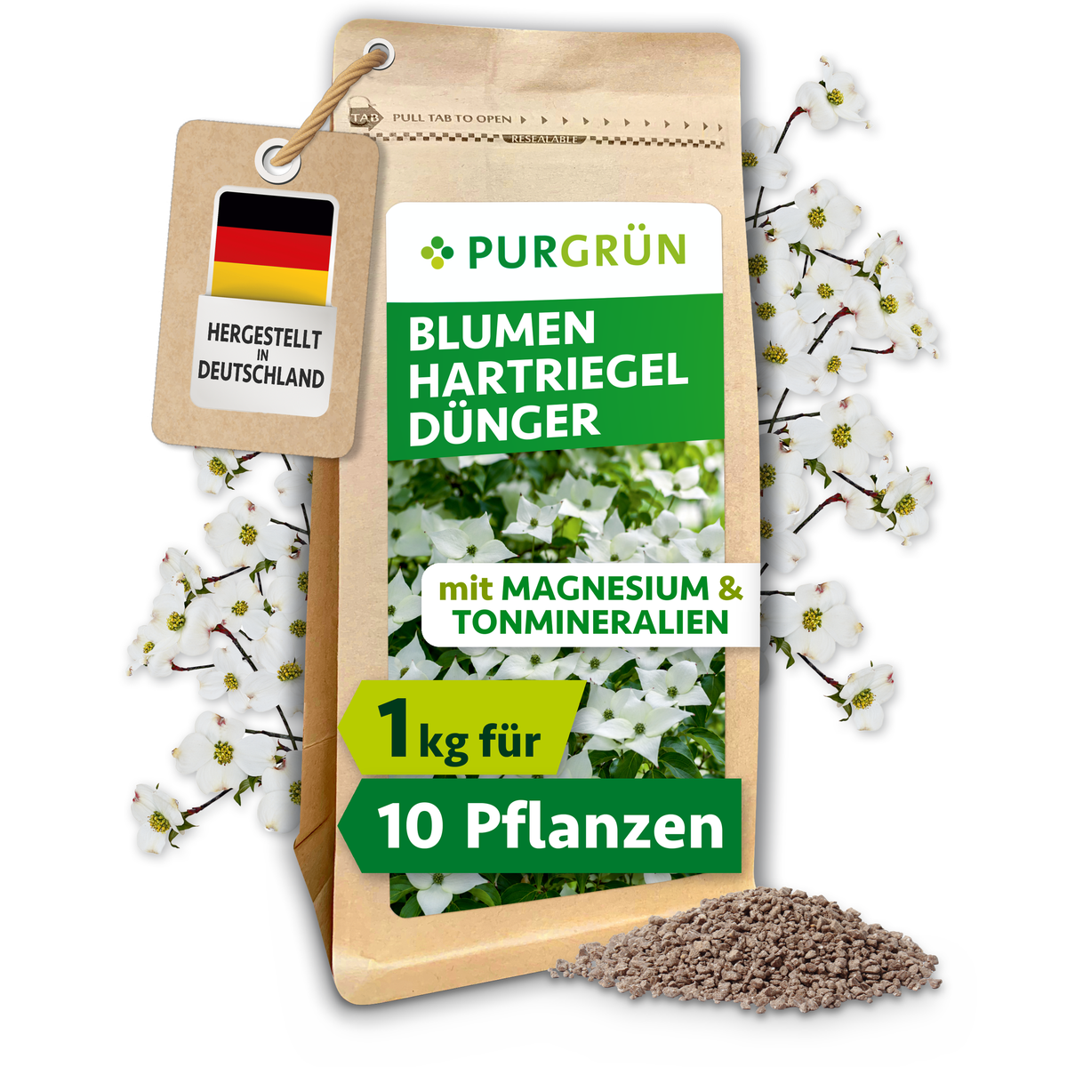 Purgrün Blumenhartriegel-Dünger im 1-kg-Beutel, für ca. 10 Blumenhartriegel, mit Magnesium und Tonmineralien.