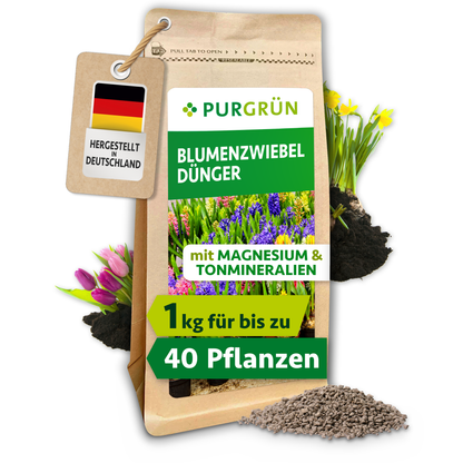 Purgrün Blumenzwiebel-Dünger im 1-kg-Beutel mit feinem Granulat, blühenden Zwiebelpflanzen und „Made in Germany“-Anhänger.