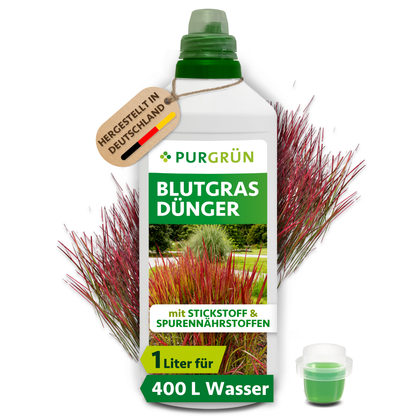 Purgrün Blutgras-Dünger im 1-Liter-Kanister mit Dosierkappe vor rotem Blutgras; laut Etikett für ca. 400 Liter Gießwasser.