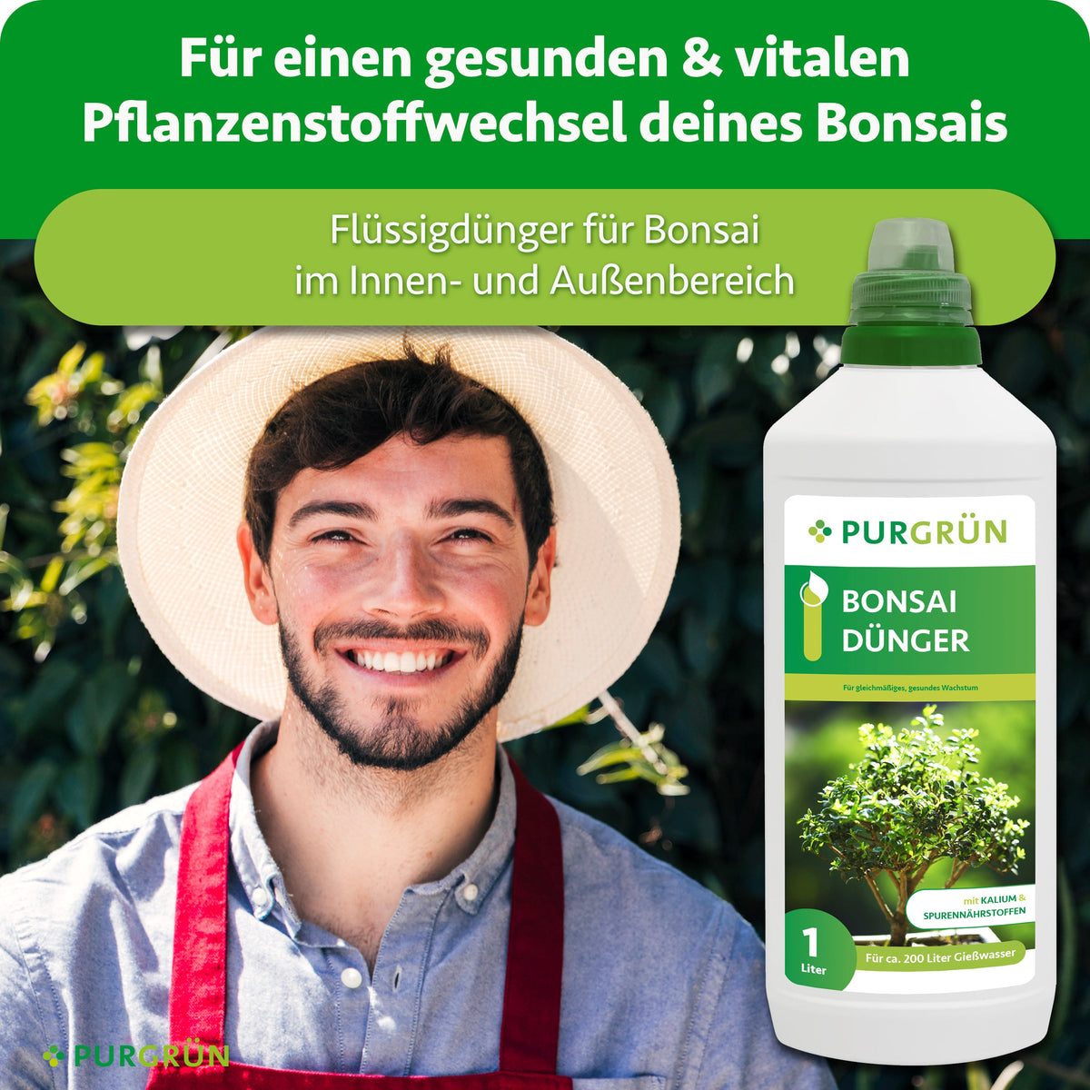 Flüssigdünger für Bonsais im Innen- und Außenbereich, beworben für einen gesunden und vitalen Pflanzenstoffwechsel.