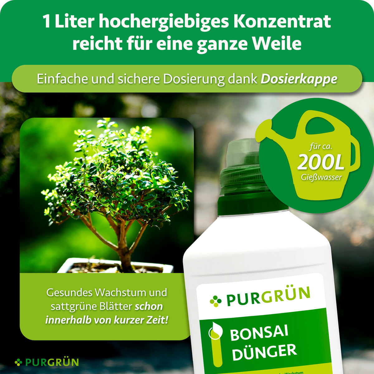 1 Liter Konzentrat reicht für ca. 200 Liter Gießwasser und lässt sich mit der Dosierkappe einfach und sicher dosieren. Beworben werden gesundes Wachstum und sattgrüne Blätter innerhalb kurzer Zeit.