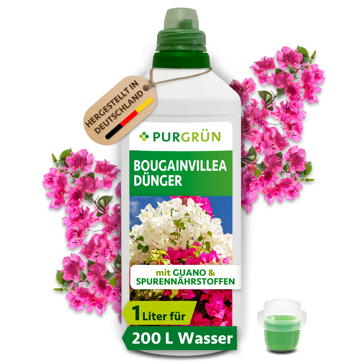 Purgrün Bougainvillea-Dünger in der 1-Liter-Flasche mit Dosierkappe, pinken Bougainvillea-Blüten und Dosierbecher; für ca. 200 Liter Gießwasser.