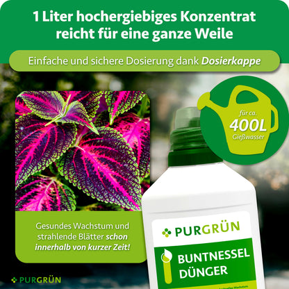 Ein Liter Buntnessel-Dünger-Konzentrat mit Dosierkappe reicht für ca. 400 Liter Gießwasser.