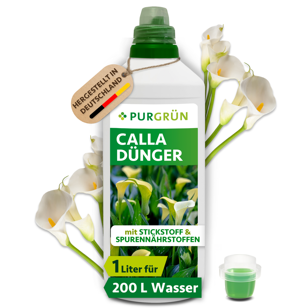 Purgrün Calla-Dünger, 1 Liter, mit Dosierkappe und Calla-Blüten; reicht für ca. 200 Liter Gießwasser.