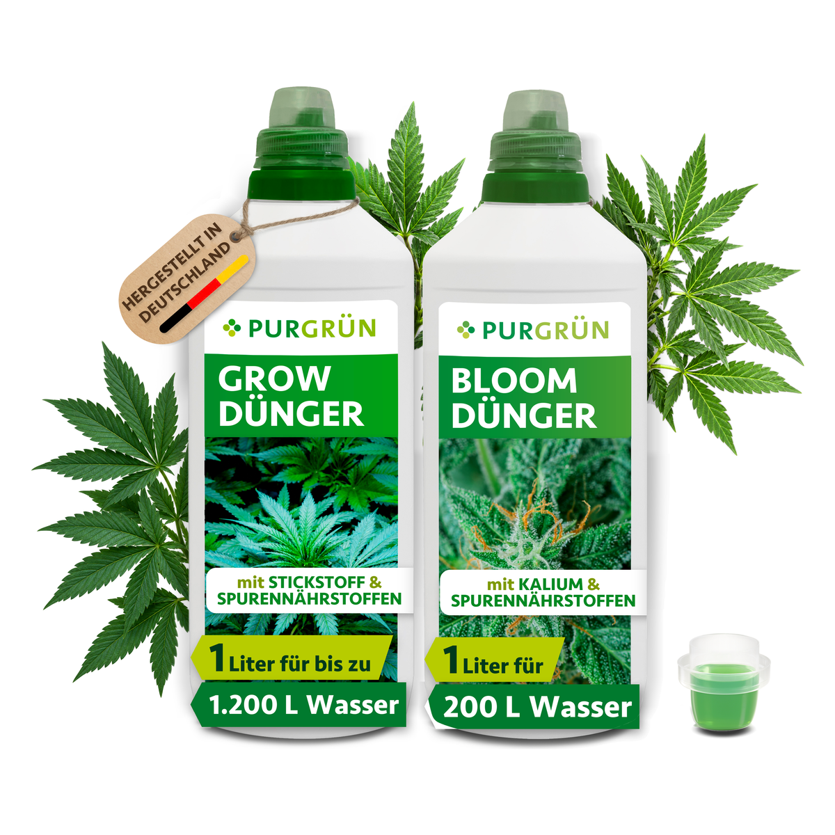 Zwei 1-Liter-Flaschen Purgrün Cannabis-Dünger-Set 2 x 1 Liter für Wachstum (links) und Blüte (rechts), jeweils mit einem Cannabisblatt-Bild, stehen unter einem „Made in Germany“-Schild.