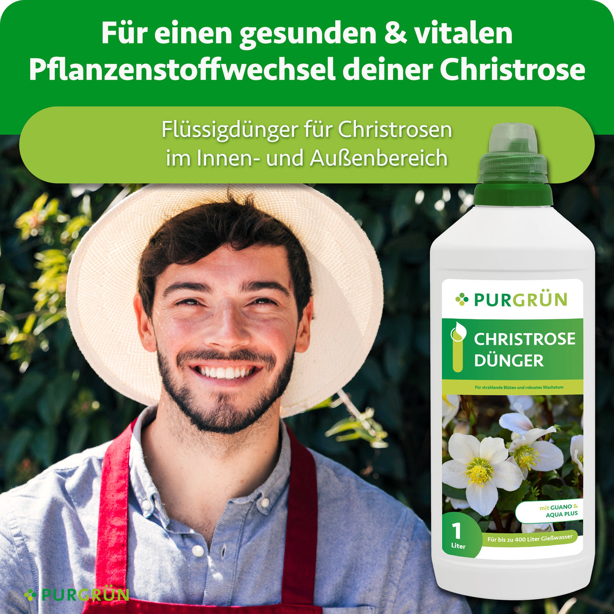 Flüssigdünger für Christrosen im Innen- und Außenbereich, dargestellt neben einem lächelnden Gärtner.