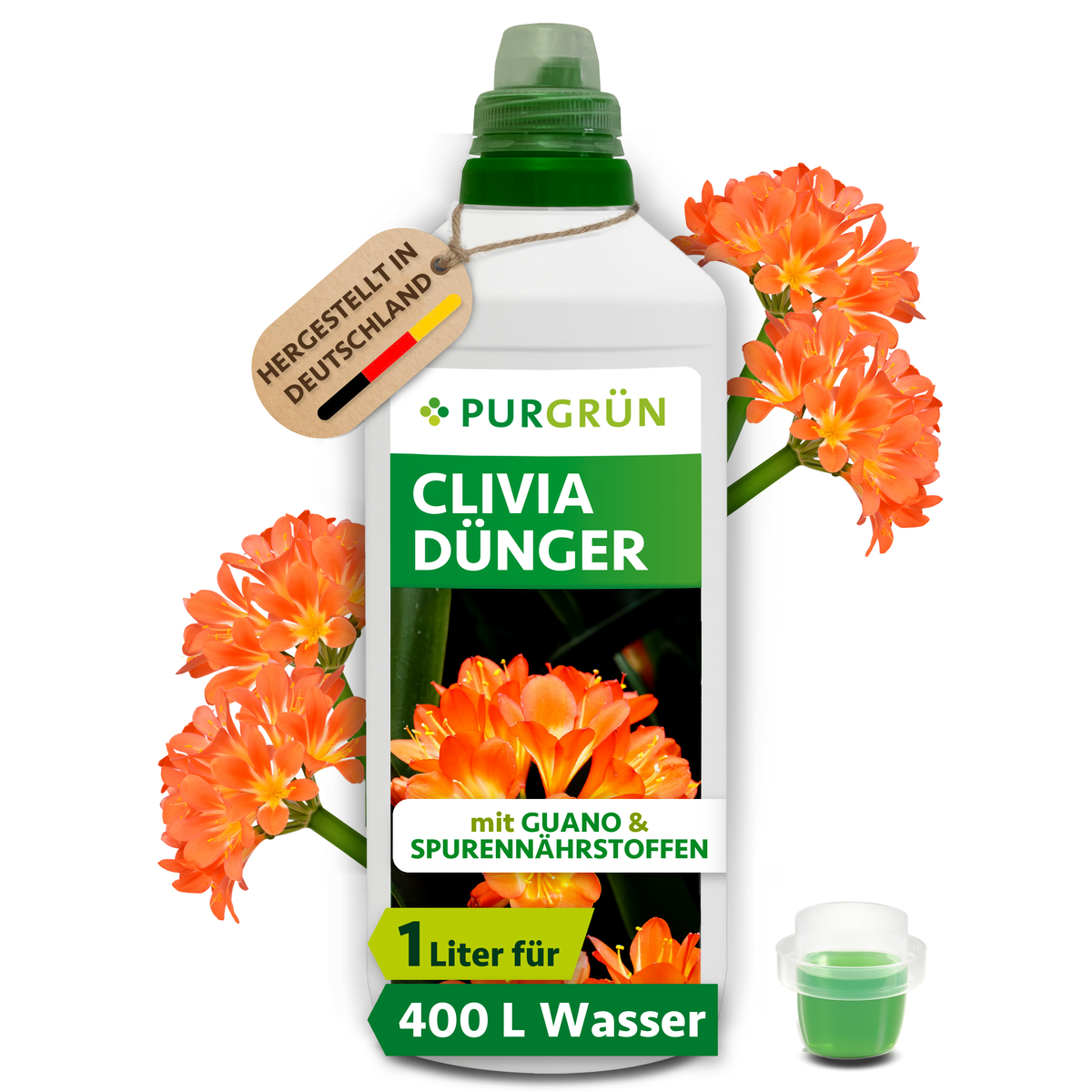 Purgrün Clivia-Dünger, 1 Liter, mit Dosierkappe und orangefarbenen Clivienblüten; ausreichend für ca. 400 Liter Gießwasser.
