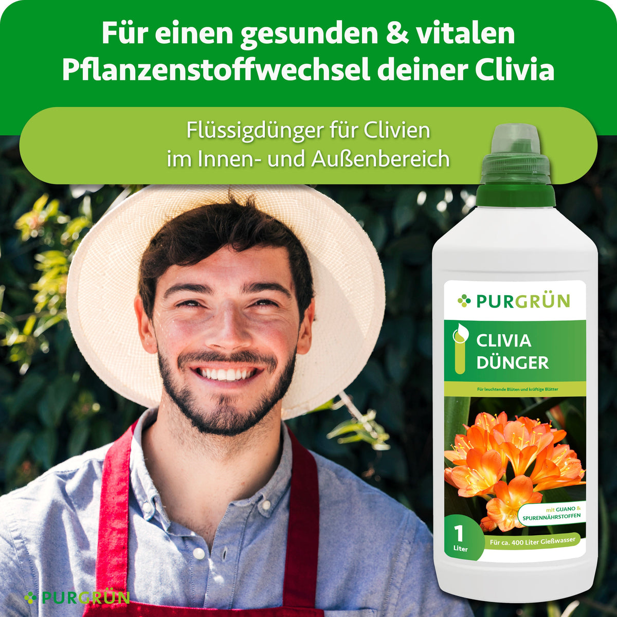 Clivia-Flüssigdünger für den Innen- und Außenbereich, beworben für einen gesunden und vitalen Pflanzenstoffwechsel; daneben ein lächelnder Gärtner.