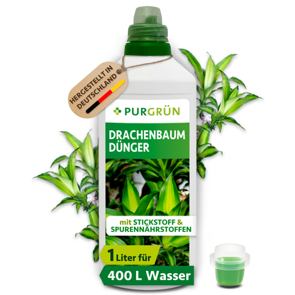 Purgrün Drachenbaum-Dünger, 1-Liter-Flasche mit Dosierkappe, hergestellt in Deutschland und ausreichend für ca. 400 Liter Gießwasser.