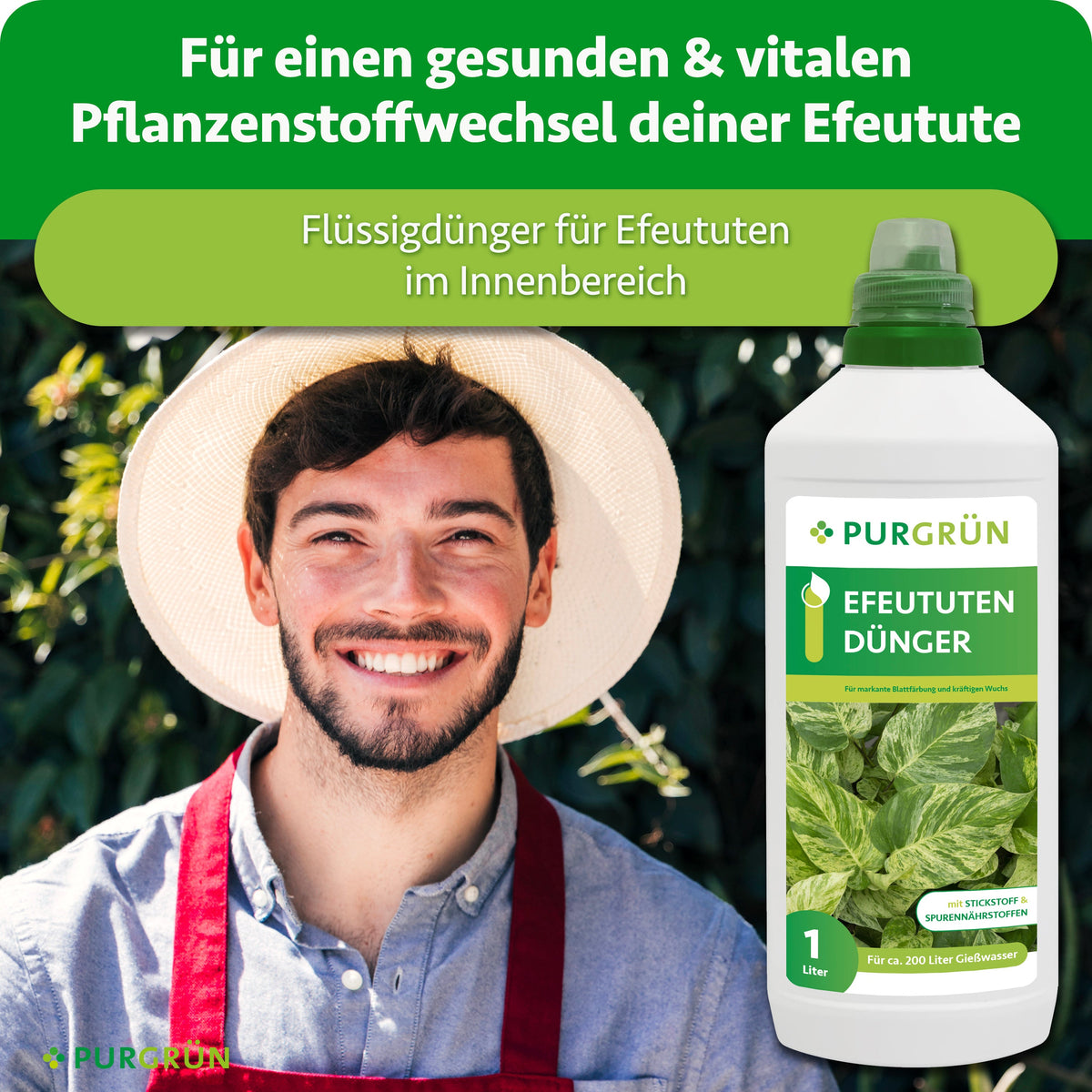 Purgrün Efeututen-Dünger 1 Liter neben einem Gärtner; Flüssigdünger für Efeututen im Innenbereich und einen gesunden, vitalen Pflanzenstoffwechsel.