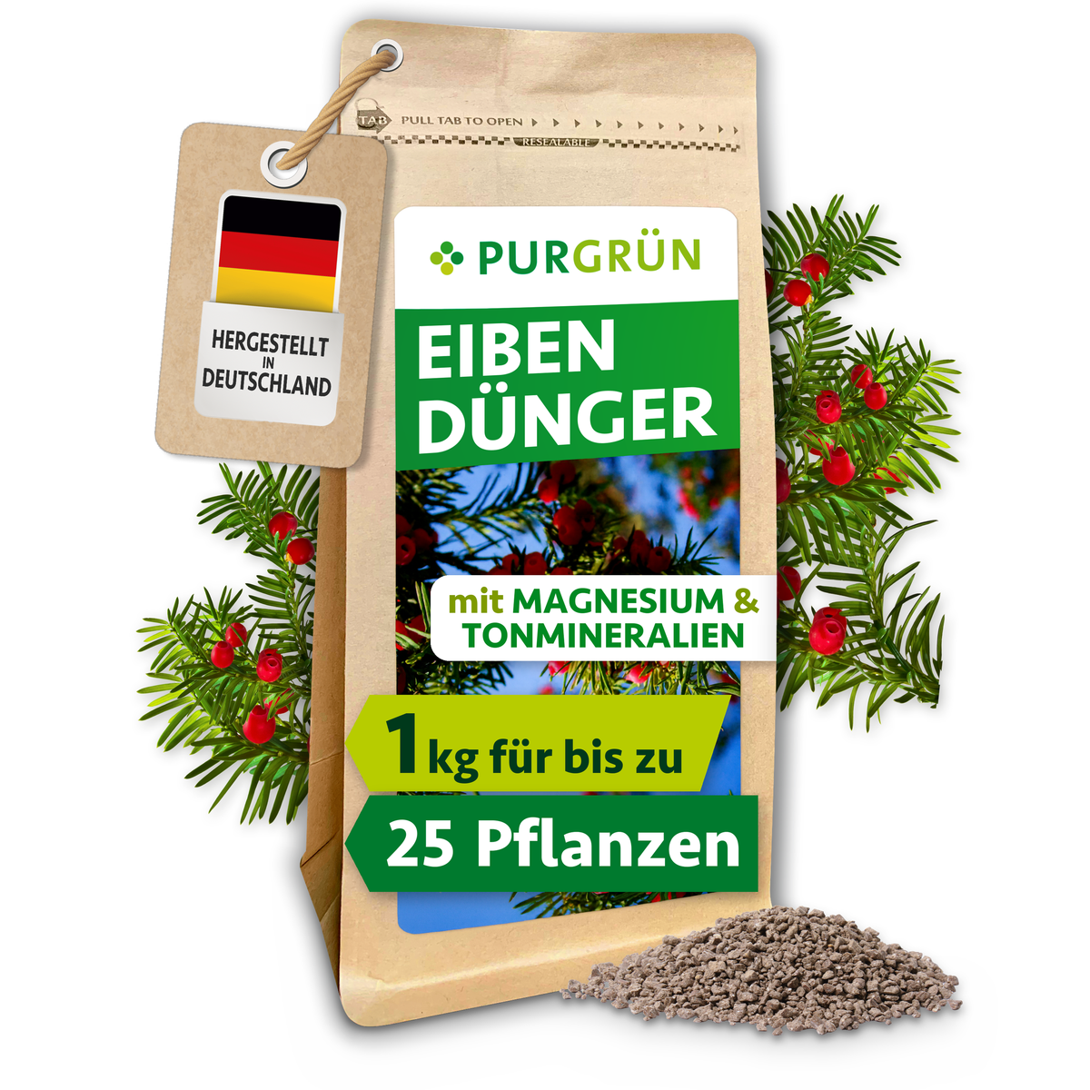 Purgrün Eibendünger im 1-kg-Standbeutel, umgeben von Eibenzweigen mit roten Früchten und feinem Granulat.