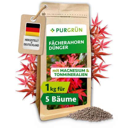 Purgrün Fächerahorn-Dünger im 1-kg-Standbeutel mit roten Ahornblättern und feinem Granulat.