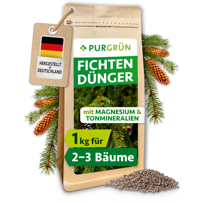 Purgrün Fichten-Dünger im 1-kg-Beutel für ca. 2-3 Fichten, umgeben von Fichtenzweigen, Zapfen und feinem Granulat.