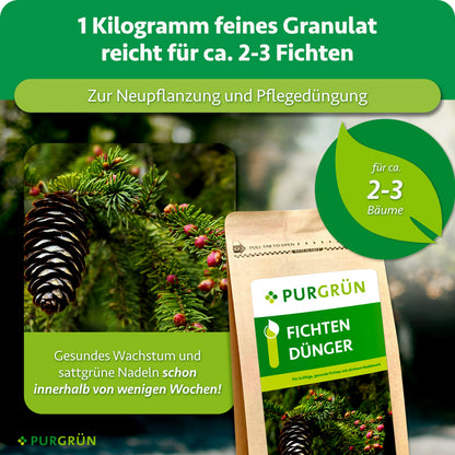 1 kg feines Granulat reicht zur Neupflanzung und Pflegedüngung von ca. 2-3 Fichten; sattgrüne Nadeln werden innerhalb weniger Wochen versprochen.