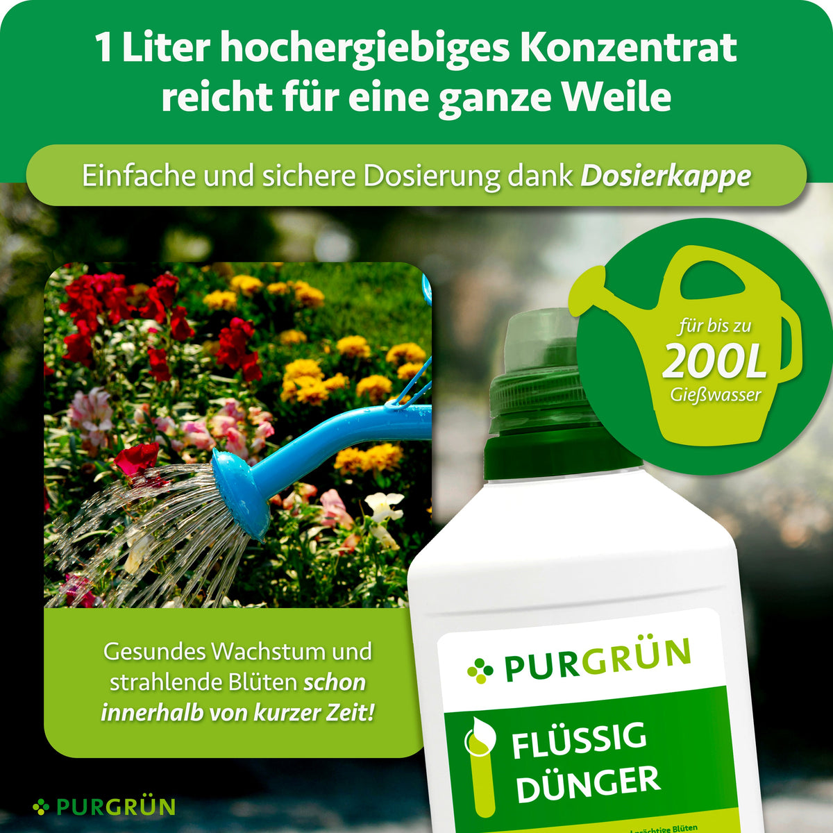 Ein Liter hochergiebiges Flüssigdünger-Konzentrat mit Dosierkappe reicht für bis zu 200 Liter Gießwasser.