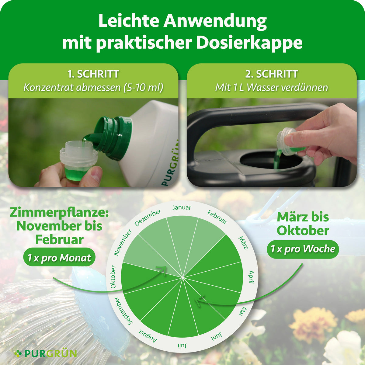 Anwendung: 5–10 ml Konzentrat abmessen und mit 1 Liter Wasser verdünnen; von März bis Oktober einmal pro Woche, bei Zimmerpflanzen von November bis Februar einmal pro Monat düngen.