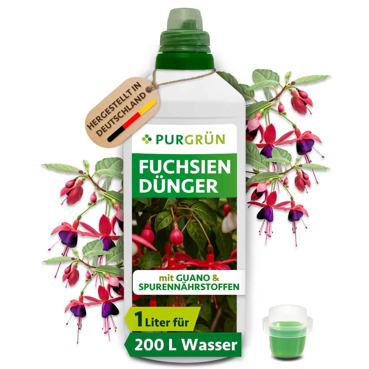 1-Liter-Flasche Purgrün Fuchsien-Dünger mit Dosierkappe und Fuchsienblüten; reicht für ca. 200 Liter Gießwasser.