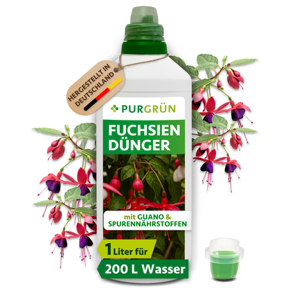 1-Liter-Flasche Purgrün Fuchsien-Dünger mit Dosierkappe und Fuchsienblüten; reicht für ca. 200 Liter Gießwasser.