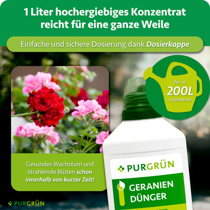 Das 1-Liter-Konzentrat reicht für ca. 200 Liter Gießwasser; die Dosierkappe ermöglicht eine einfache und sichere Dosierung.