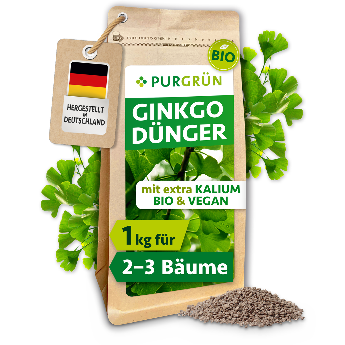Purgrün Bio-Ginkgo-Dünger im 1-kg-Standbeutel mit Ginkgoblättern und Granulat, ausreichend für ca. 2–3 Ginkgobäume.